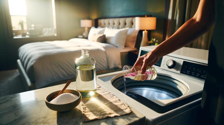 Illustration de l’astuce de grand-mère au vinaigre blanc et au bicarbonate pour des draps plus doux que ceux d’un hôtel 5 étoiles
