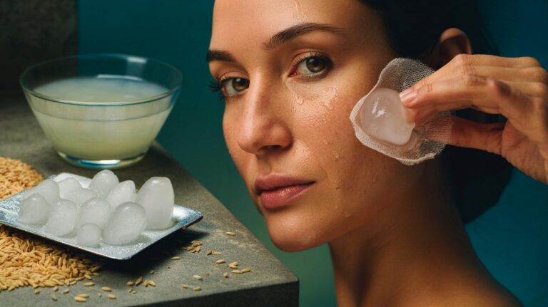 Illustration de l’eau de riz glacée appliquée sur la peau pour resserrer les pores