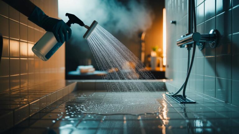 Illustration de l’astuce ménage qui empêche le retour des traces noires dans la douche grâce à un spray hydrophobe appliqué après la raclette