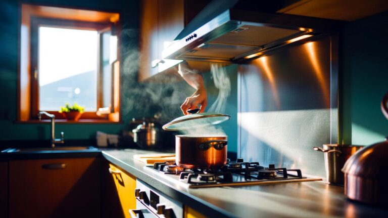 Illustration de l’astuce des 5 minutes pour empêcher la condensation en cuisine grâce au couvercle, à la hotte et à une aération brève