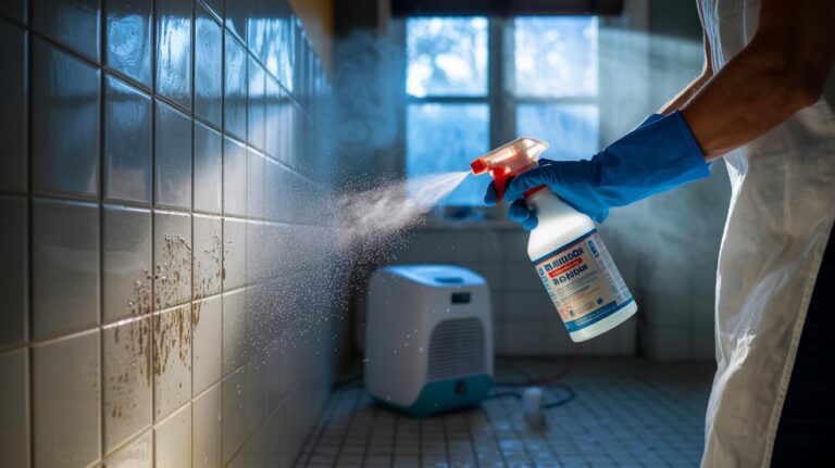 Illustration de l’application d’un voile alcalin au bicarbonate sur un mur de salle de bains pour empêcher le retour de la moisissure après un hiver humide