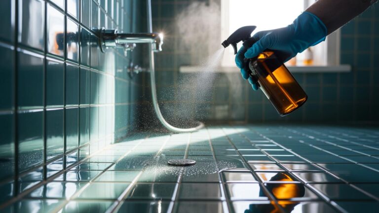 Illustration de l’application d’un spray vinaigre et clou de girofle sur des joints de salle de bains pour empêcher la moisissure de revenir après le ménage