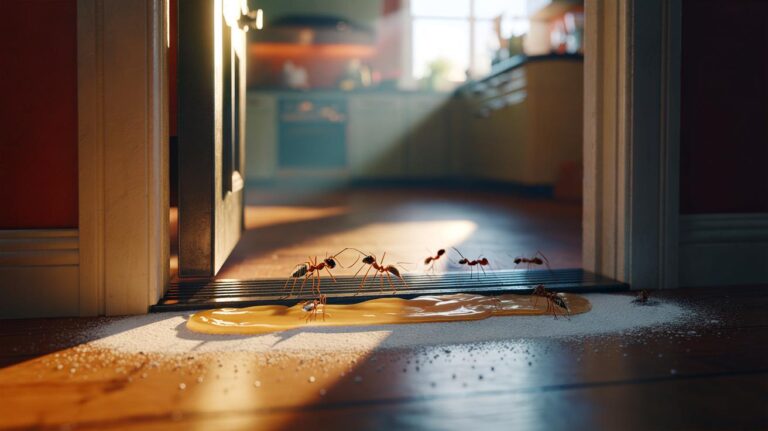 Illustration de l’astuce vaseline et talc formant une barrière sur un seuil de porte pour empêcher les fourmis d’entrer dans la maison