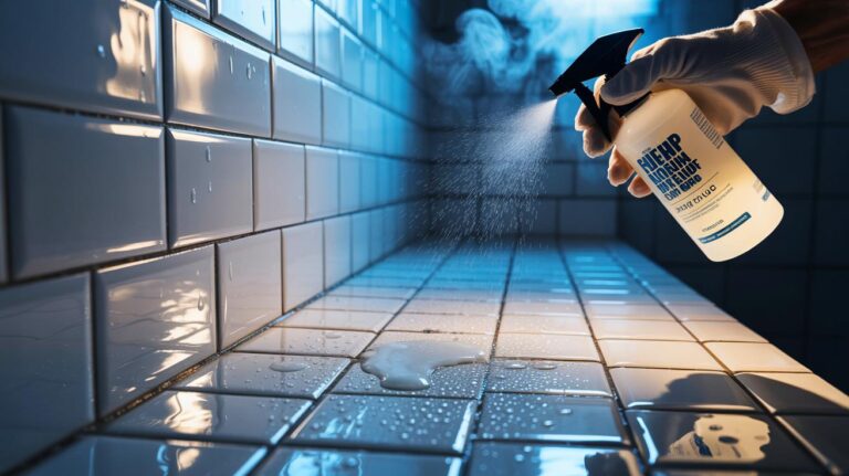 Illustration de l’application d’un spray hydrophobe anti‑pluie sur des joints de carrelage pour empêcher leur noircissement en milieu humide