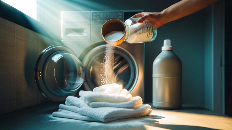 Illustration de l’usage du percarbonate de sodium pour blanchir le linge plus efficacement que l’eau de Javel