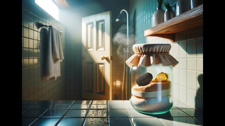Illustration d’un pot anti-humidité maison au gros sel, au bicarbonate et au charbon actif dans une salle de bain sans fenêtre