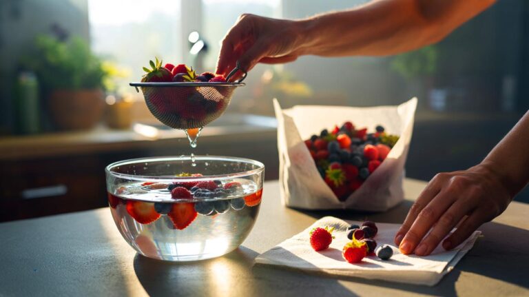 Illustration de fruits rouges et raisins plongés dans un bain de vinaigre blanc dilué puis séchés pour les garder frais deux fois plus longtemps