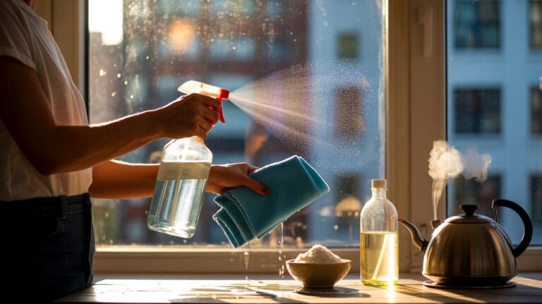 Illustration de l’astuce vinaigre blanc, eau chaude et fécule de maïs appliquée au pulvérisateur et microfibre pour faire briller des vitres sans traces