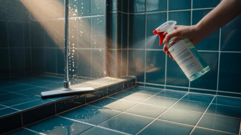 Illustration de l’application d’un spray au vinaigre sur les joints de douche pour empêcher le retour de la moisissure