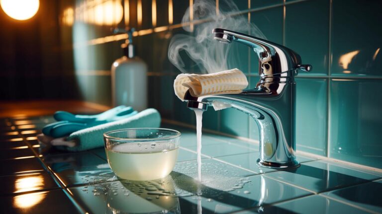 Illustration de [compresses de vinaigre blanc chaud appliquées sur un robinet de salle de bain entartré pour dissoudre le calcaire]