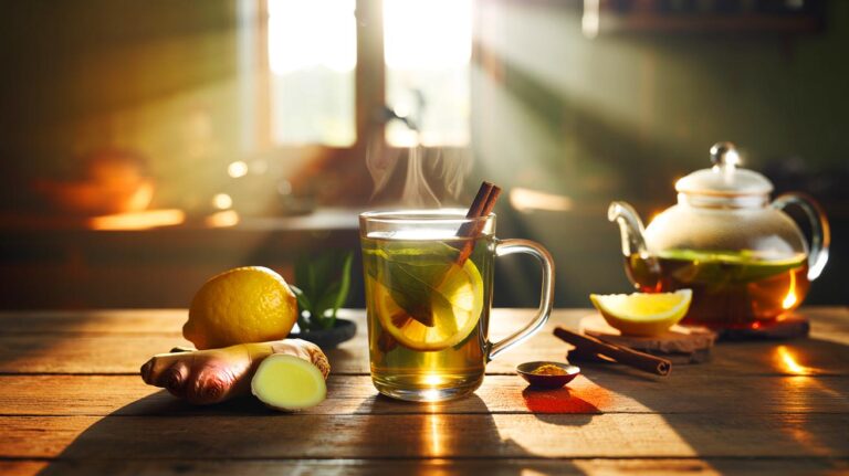 Illustration de la boisson du matin au thé vert, gingembre, citron et cannelle, qui stimule le métabolisme et aide à brûler les graisses naturellement