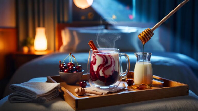 Illustration d’une boisson du soir à base de jus de cerise acidulée, lait végétal, miel et cannelle, servie tiède pour favoriser un sommeil profond et réparateur