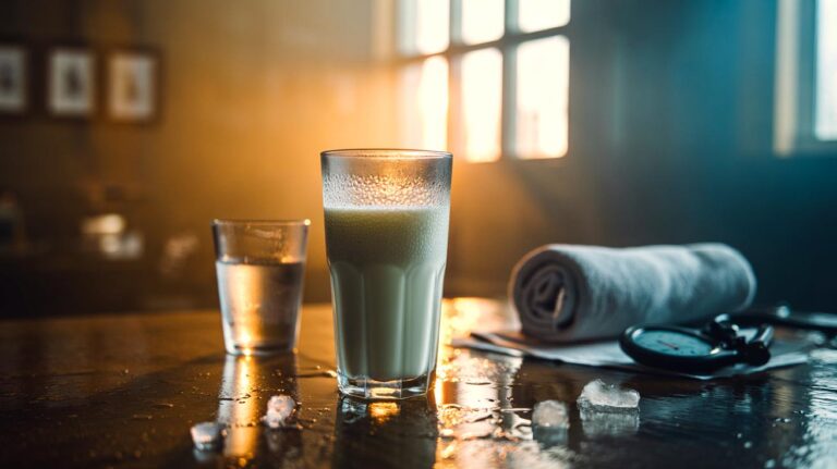 Illustration de lait écrémé froid dans un verre avec condensation, placé à côté d’un verre d’eau, évoquant une hydratation supérieure selon des études récentes