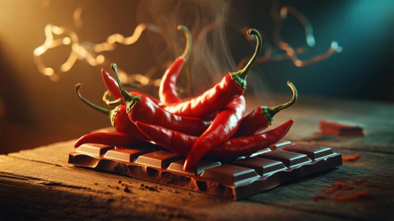 Illustration de piments rouges posés près d’une tablette de chocolat noir, évoquant l’action endorphinique de la capsaïcine