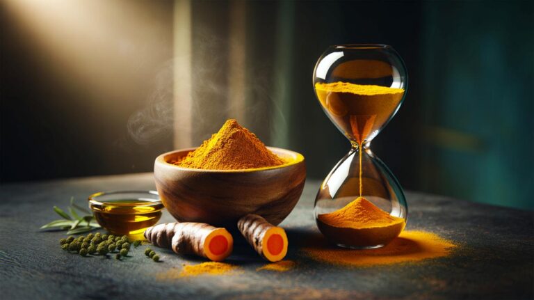 Illustration de curcuma (poudre et rhizomes) aux propriétés antioxydantes anti-âge