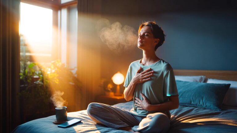 Illustration de la respiration consciente au réveil pour réduire le stress et améliorer la concentration