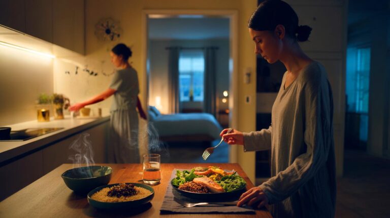 Illustration de l’habitude du soir consistant à dîner tôt et à jeûner trois heures avant le coucher pour favoriser la perte de poids