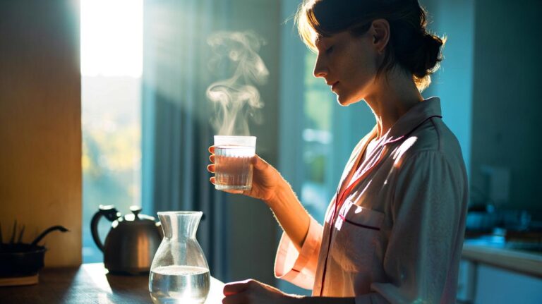 Illustration de l’habitude matinale de boire un verre d’eau tiède pour protéger les reins et favoriser l’élimination des toxines