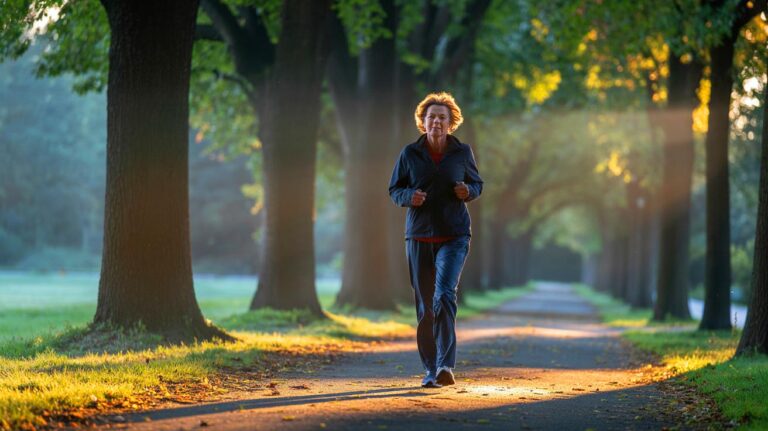 Illustration de [une marche matinale en extérieur au lever du jour, sous la lumière naturelle, pour soutenir la santé cognitive]