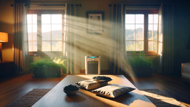 Illustration de la méthode naturelle de purification de l’air intérieur — ventilation croisée, réduction des sources et charbon actif — plus efficace qu’un purificateur électrique
