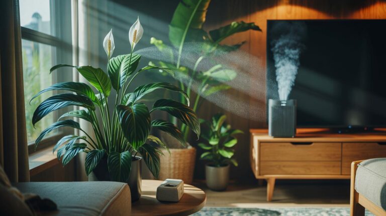 Illustration de Spathiphyllum (lys de la paix) dans un salon, placé près d’une source de COV, absorbant les toxines de l’air intérieur