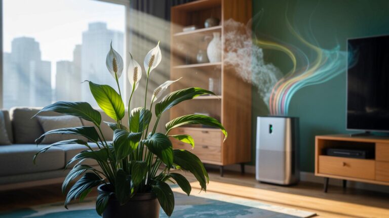 Illustration de la plante d’intérieur Spathiphyllum purifiant l’air en absorbant des toxines et des COV