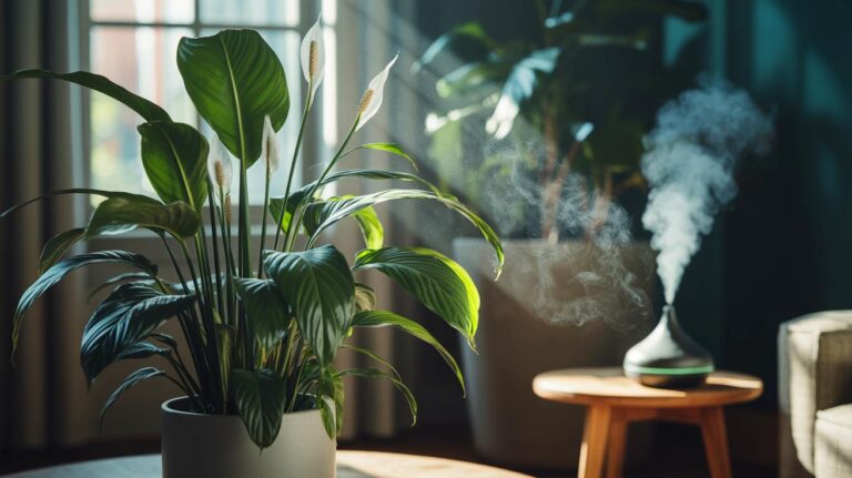 Illustration de la plante d’intérieur Spathiphyllum (fleur de lune) capturant la poussière et purifiant l’air plus efficacement qu’un diffuseur