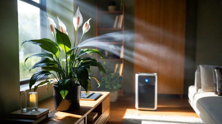 Illustration de la plante d’intérieur spathiphyllum (fleur de lune) purifiant l’air intérieur mieux qu’un purificateur électrique