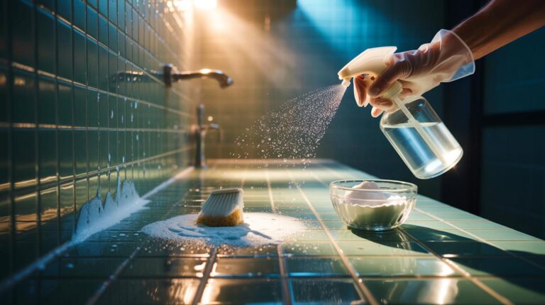 Illustration de l’application de bicarbonate de soude sur des joints de salle de bain pour les rendre éclatants sans frotter