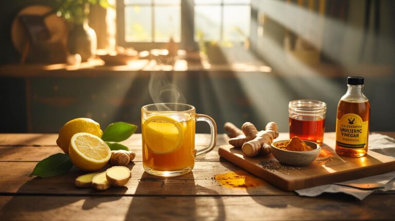 Illustration d’une boisson matinale naturelle au citron, gingembre et curcuma qui nettoie le foie dès le matin