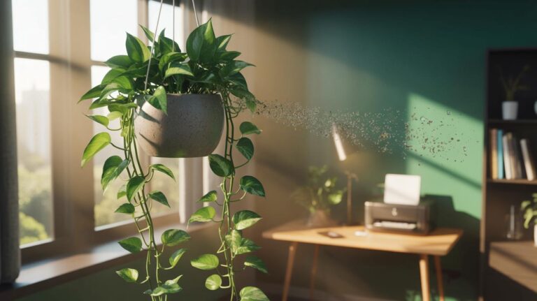 Illustration d’un pothos d’intérieur (Epipremnum aureum) éliminant des toxines de l’air sans entretien particulier