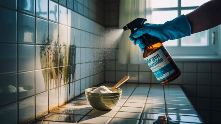 Illustration de l’élimination de la moisissure sur un mur avec une solution d’eau oxygénée 3 % et de bicarbonate de soude