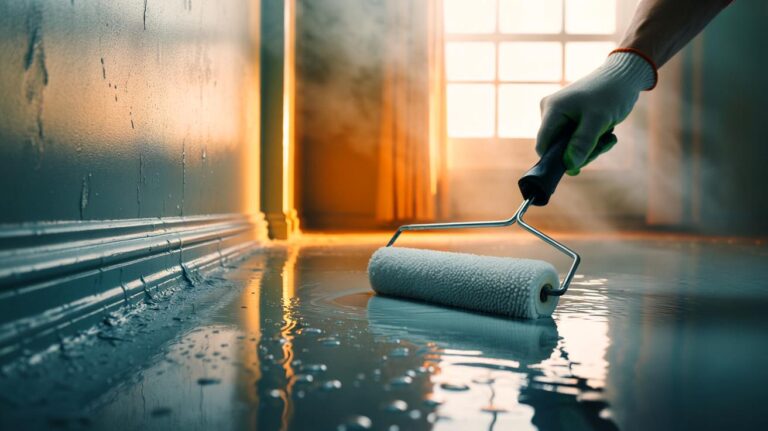 Illustration de l’application d’une peinture acrylique mélangée à un hydrofuge pour protéger un mur intérieur de l’humidité