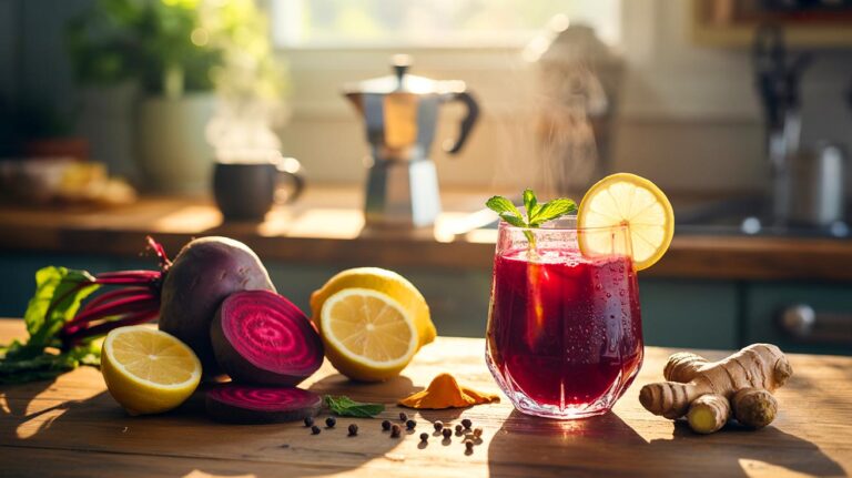 Illustration de un verre de jus betterave-citron-gingembre remplaçant le café du matin, avec betterave, citron et gingembre frais, évoquant un réveil en douceur et le soutien du foie