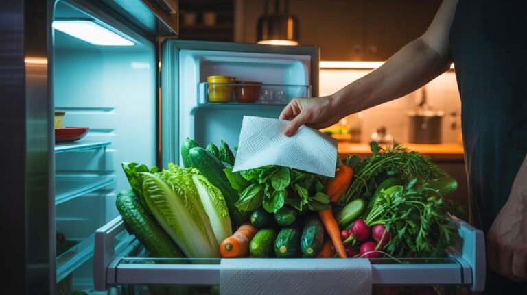 Illustration de [une feuille absorbante placée dans le bac à légumes du réfrigérateur pour limiter l’humidité et prolonger la fraîcheur des légumes]