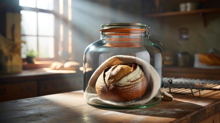 Illustration de la conservation d’une miche de pain enveloppée dans un torchon en lin, placée dans un bocal en verre entrouvert pour rester fraîche toute la semaine
