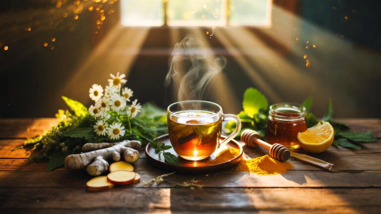 Illustration de [une tasse de boisson naturelle apaisante contre les allergies saisonnières, composée de camomille, ortie, curcuma, gingembre, citron et miel]
