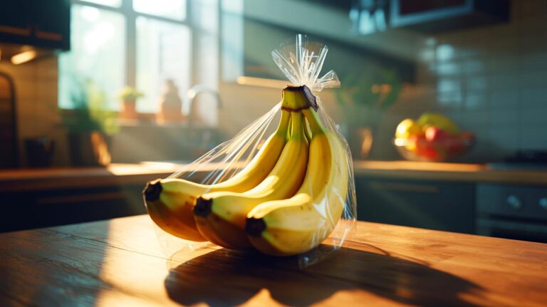 Illustration de [bananes jaunes dont le pédoncule est enveloppé de film plastique pour limiter l’éthylène et prolonger la fraîcheur plusieurs jours]