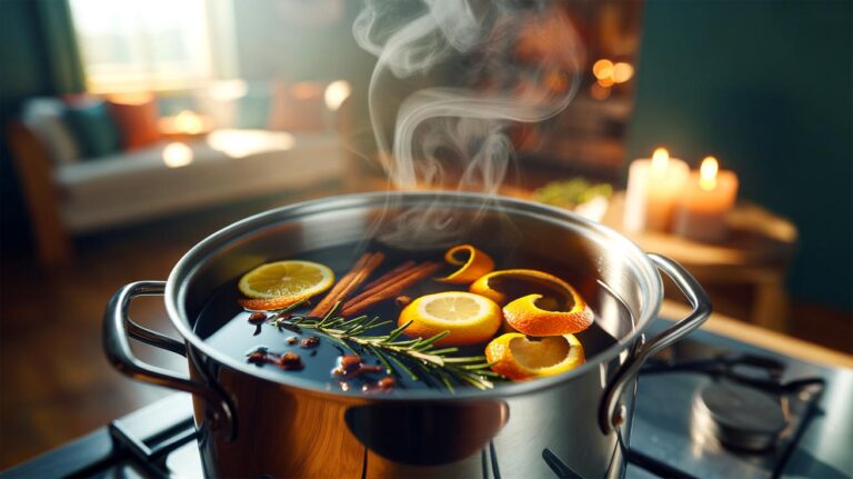 Illustration de [une casserole d’eau frémissante avec zestes d’agrumes et épices diffusant un parfum naturel dans la maison, sans bougies parfumées]