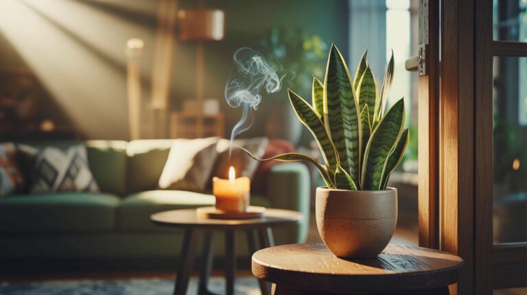 Illustration de la Sansevieria, plante d’intérieur dépolluante, alternative naturelle aux bougies parfumées pour assainir l’air de toute la maison