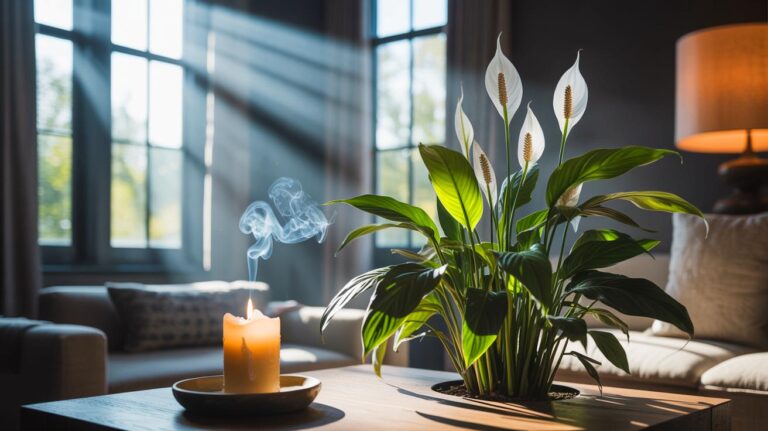 Illustration de Spathiphyllum (lis de la paix) assainissant l’air intérieur, alternative naturelle aux bougies parfumées