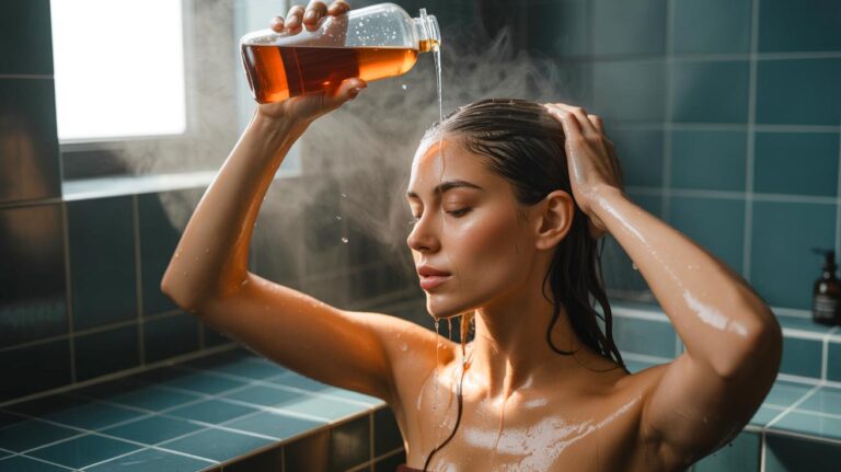 Illustration de [un rinçage des cheveux au vinaigre de cidre dilué pour réguler le sébum]