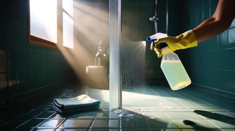 Illustration de l’application d’un mélange maison au vinaigre et au liquide vaisselle sur une paroi de douche en verre pour éliminer les dépôts de savon