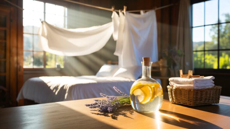 Illustration de [draps blancs fraîchement lavés suspendus au séchage, avec un flacon de vinaigre blanc infusé au citron et à la lavande, pour une fraîcheur durable sans odeur de renfermé]