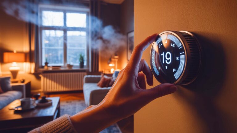 Illustration de [Main réglant un thermostat à 19 °C pour baisser la facture de chauffage]
