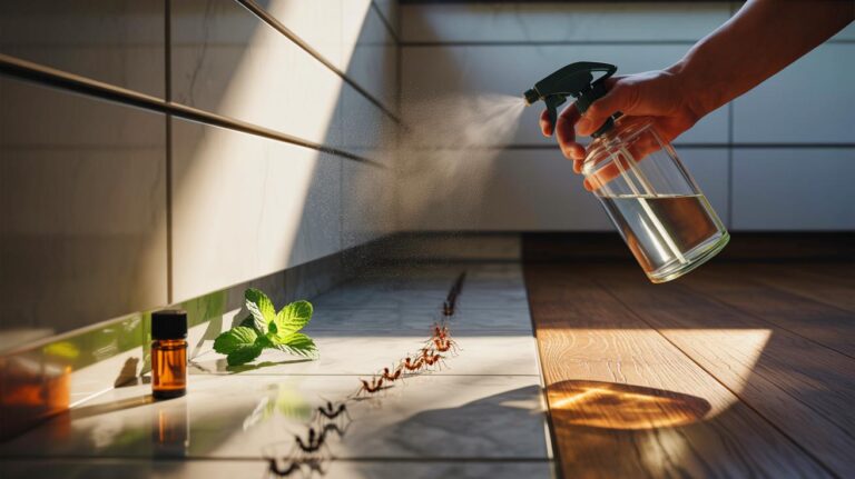 Illustration de l’application d’un spray naturel au vinaigre blanc et à la menthe poivrée le long des plinthes d’une cuisine pour faire fuir les fourmis