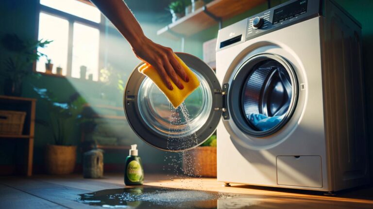 Illustration de l’aération du lave-linge, porte entrouverte et bac à lessive sorti, avec essuyage du joint après chaque lavage pour éviter les mauvaises odeurs