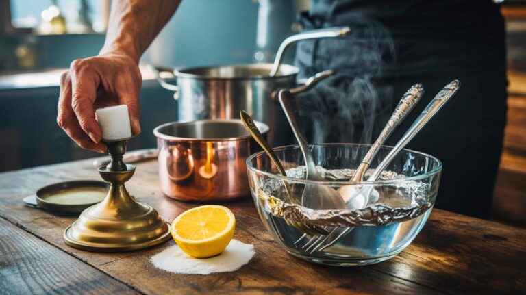 Illustration de l’astuce de grand-mère au citron, sel et bicarbonate, et du bain d’aluminium, pour raviver l’éclat de l’argenterie, du cuivre et de l’inox
