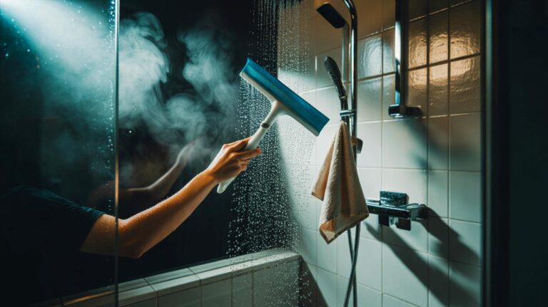 Illustration de [une main passant une raclette sur les parois de la douche après usage pour retirer l’humidité et prévenir les moisissures]