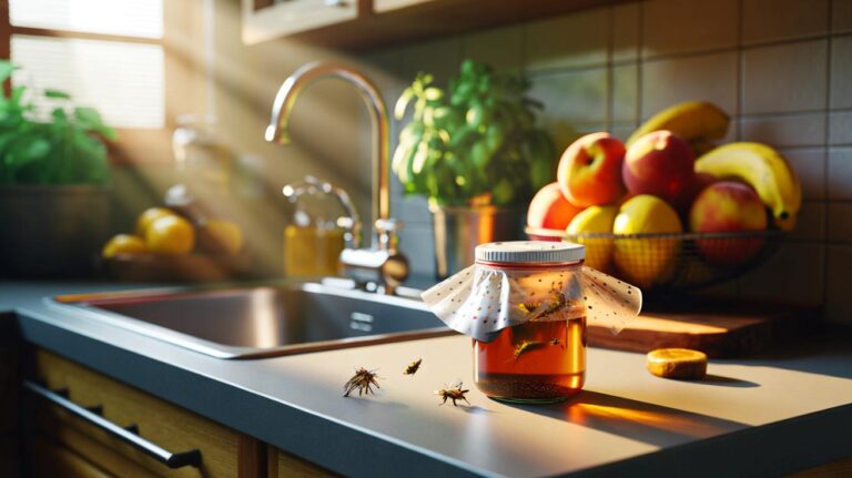 Illustration de piège naturel anti-mouches avec bocal en verre rempli de vinaigre de cidre et savon noir, film alimentaire percé, placé dans une cuisine près d’une corbeille de fruits